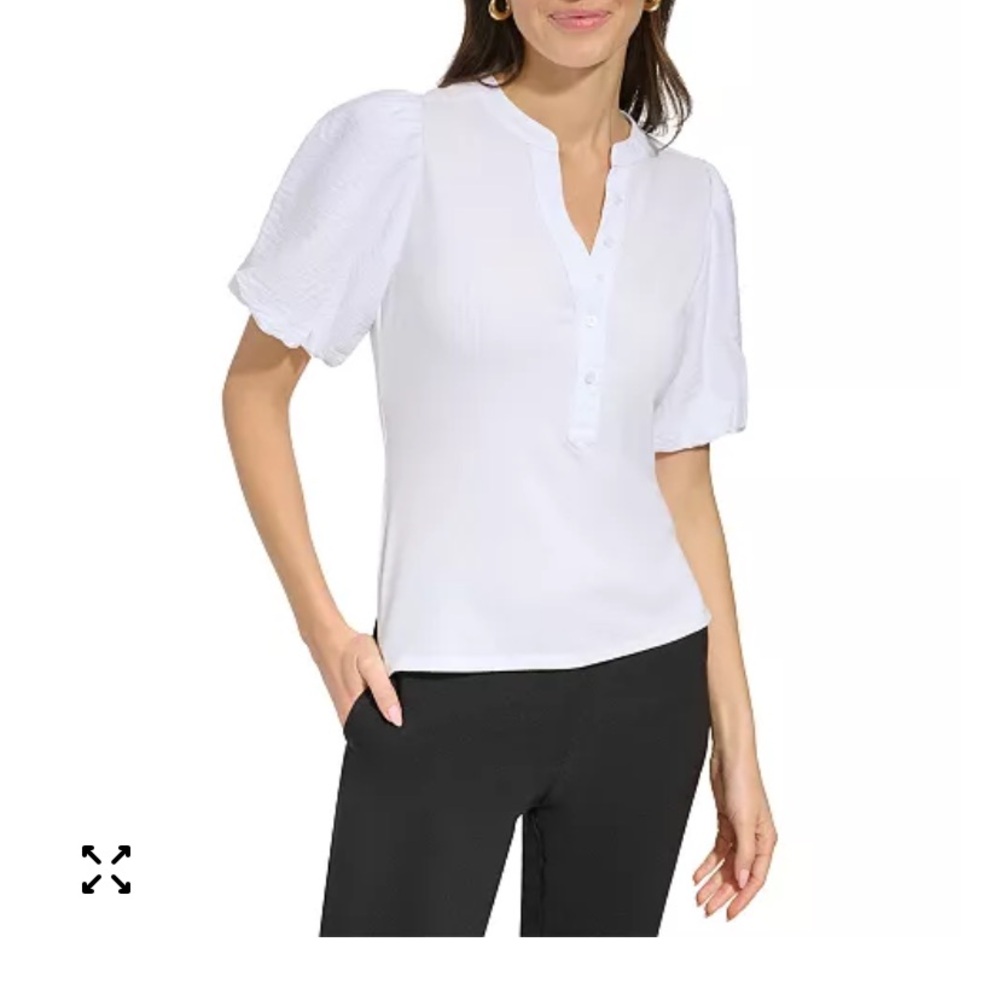 NWT DKNY Puff-Sleeve Ribbed Henley Shirt White